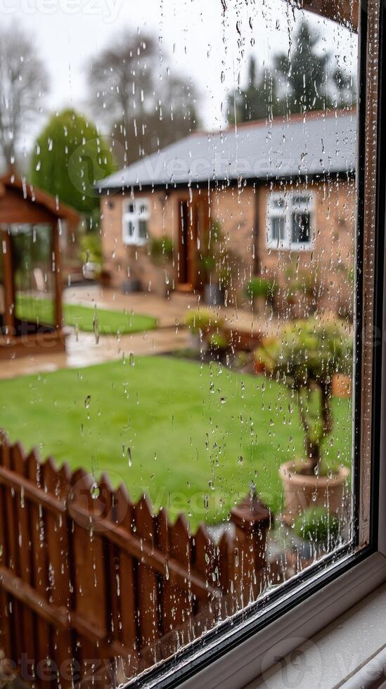 A view of a garden through a window with raindrops on it photo