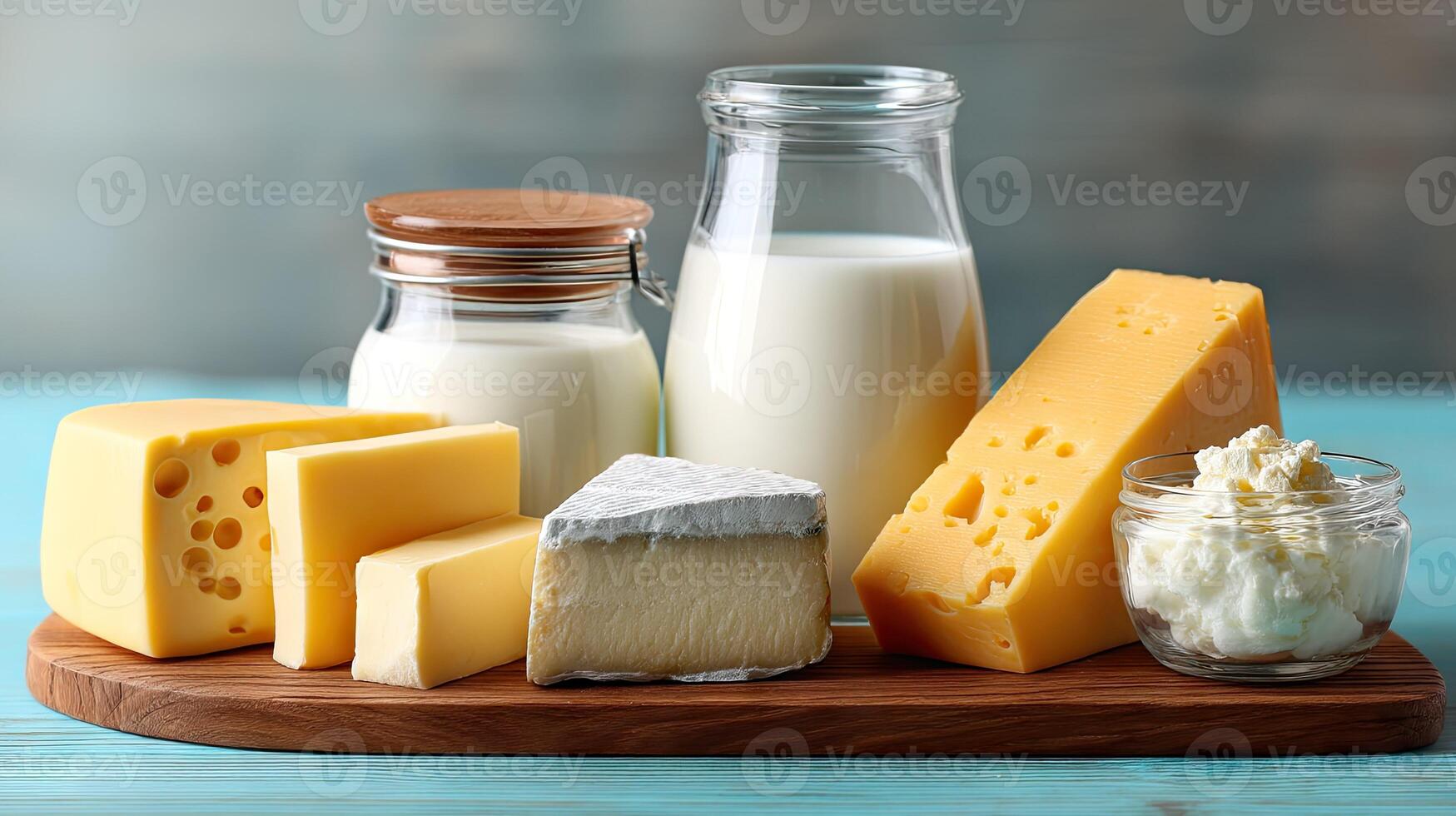 A variety of dairy products including milk, cheese and butter photo