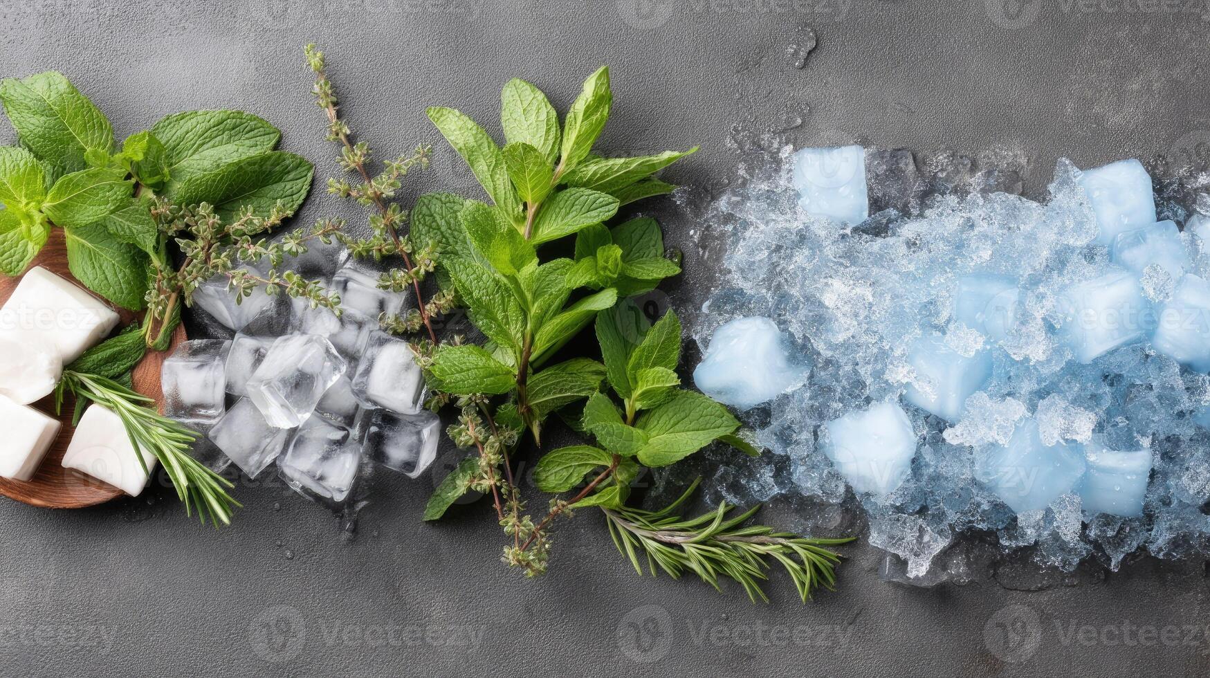 Ice cubes, mint, and herbs on a table photo