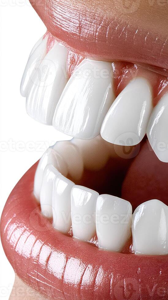 A close up of a woman's teeth with white teeth photo