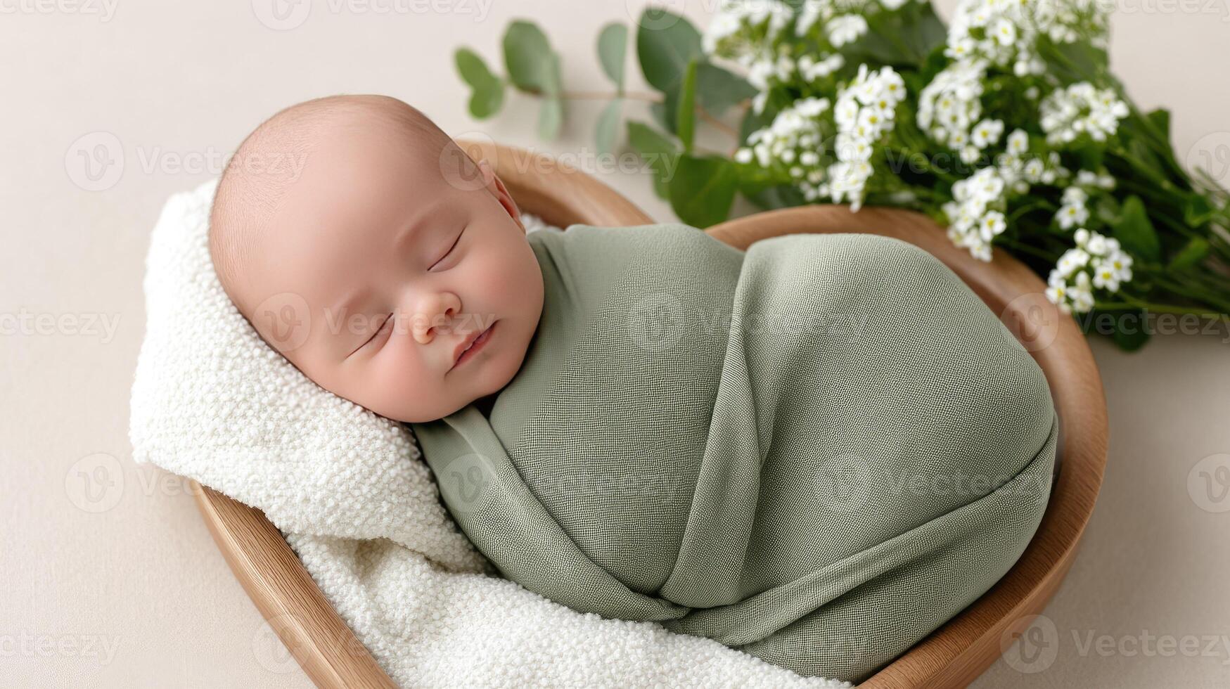 A newborn boy sleeping in a wooden bowl with flowers photo