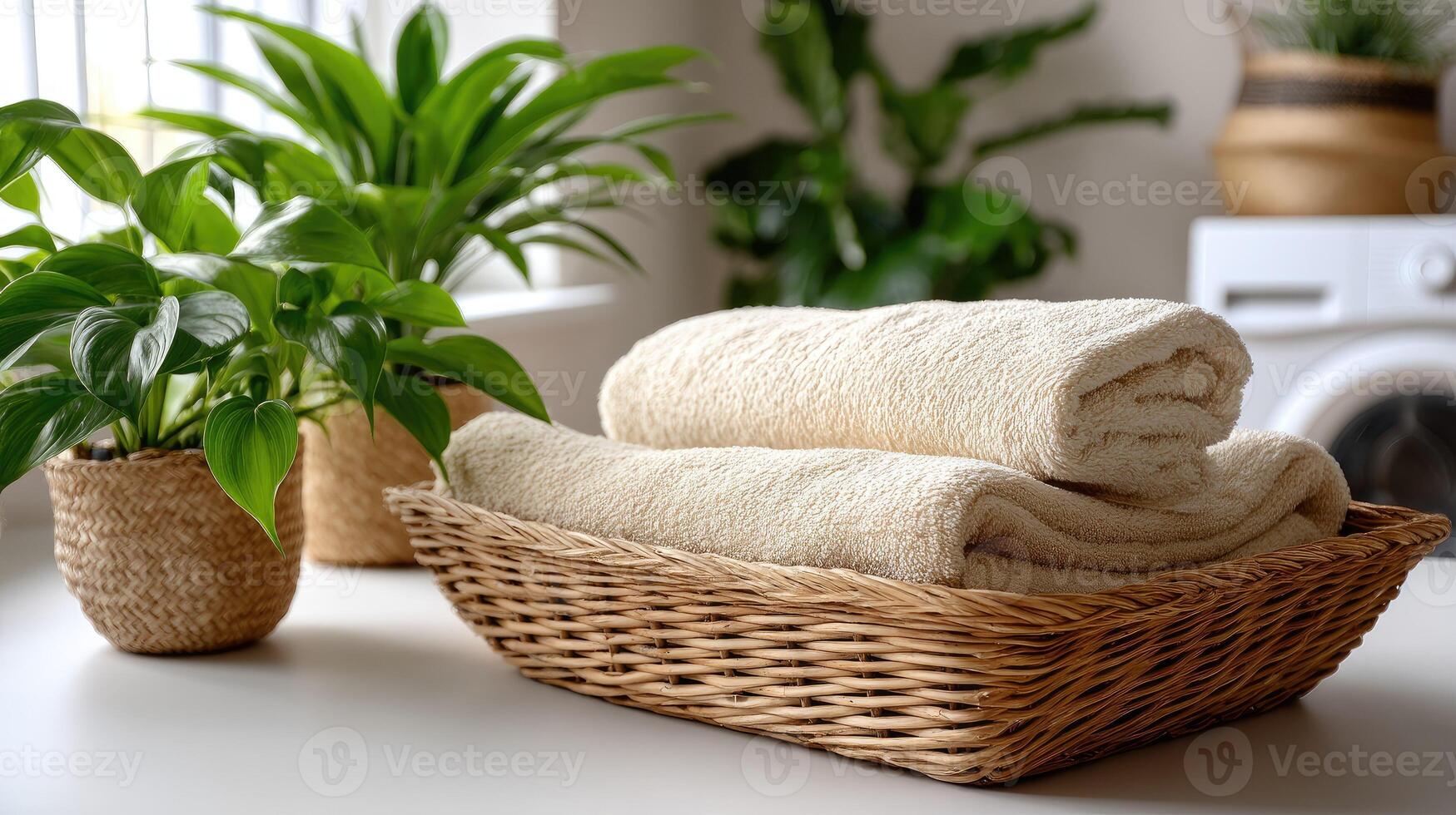 A basket with towels and a plant in front of a window photo