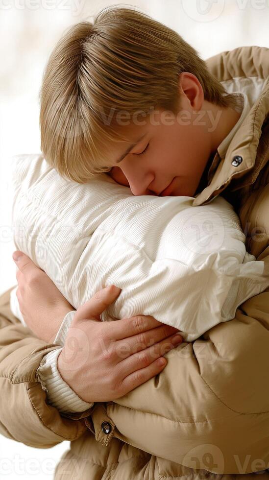 A young man is hugging a pillow photo