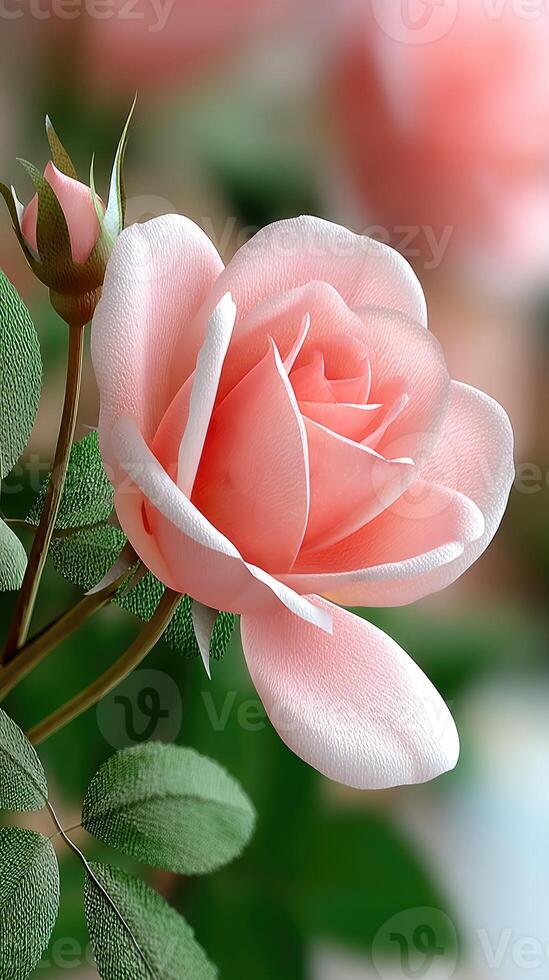 Pink rose flowers with green leaves photo