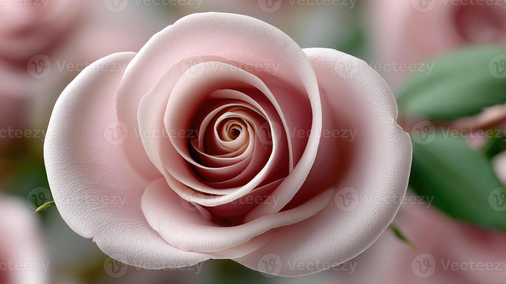 A close up of a pink rose with green leaves photo