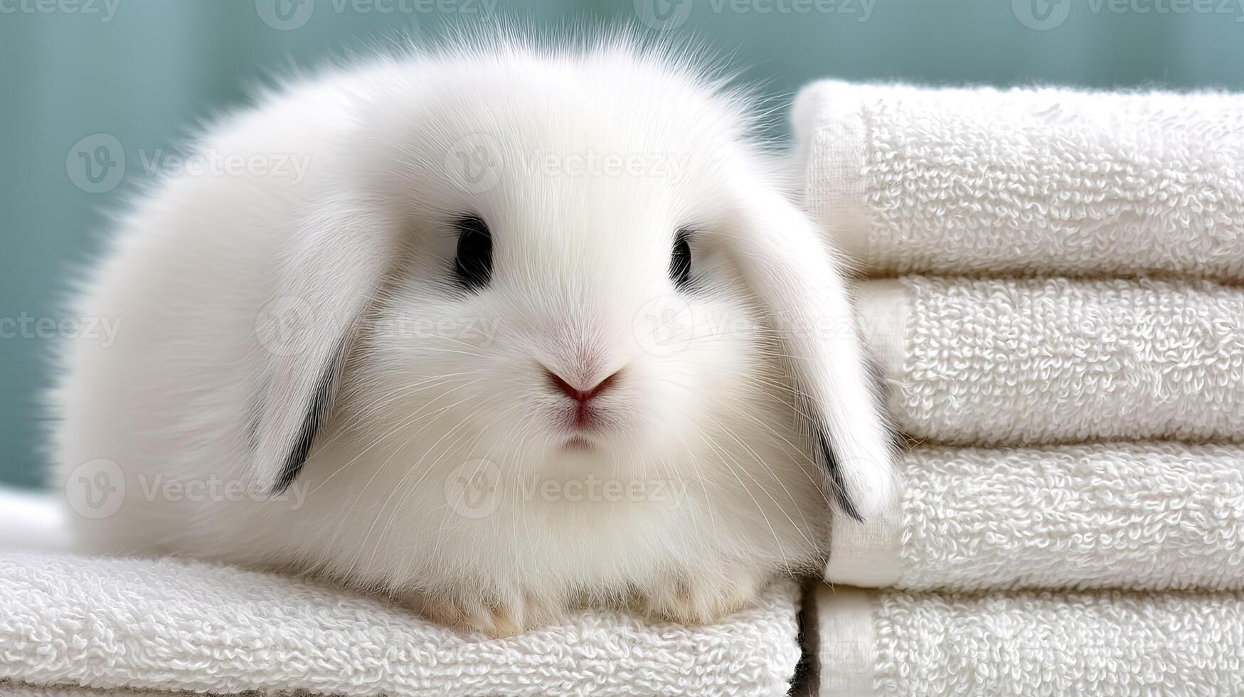 A white rabbit sitting on top of a stack of towels photo