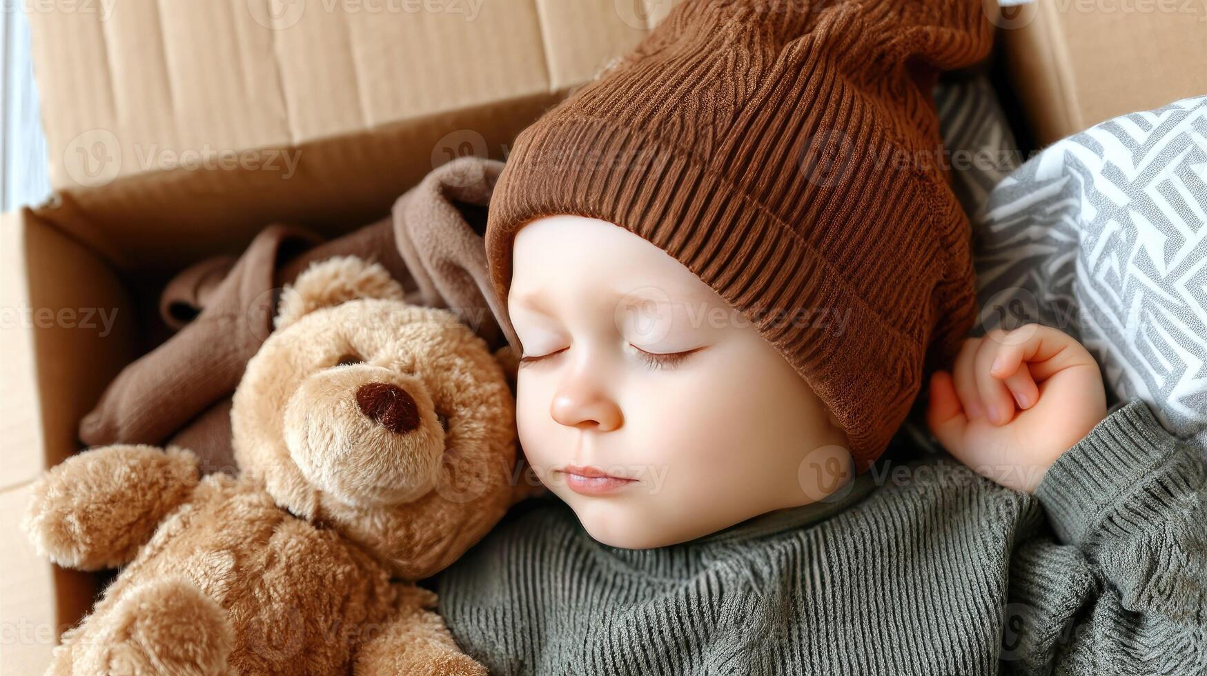 A young child sleeping with a teddy bear photo