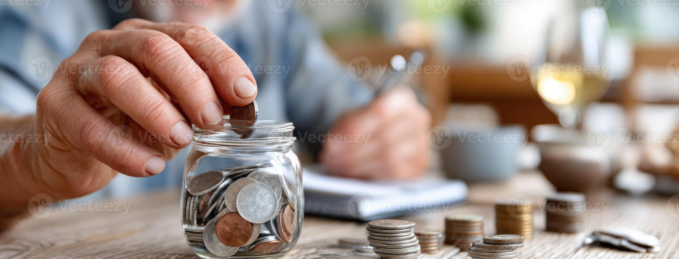 A man putting coins into a jar with a glass on a table photo