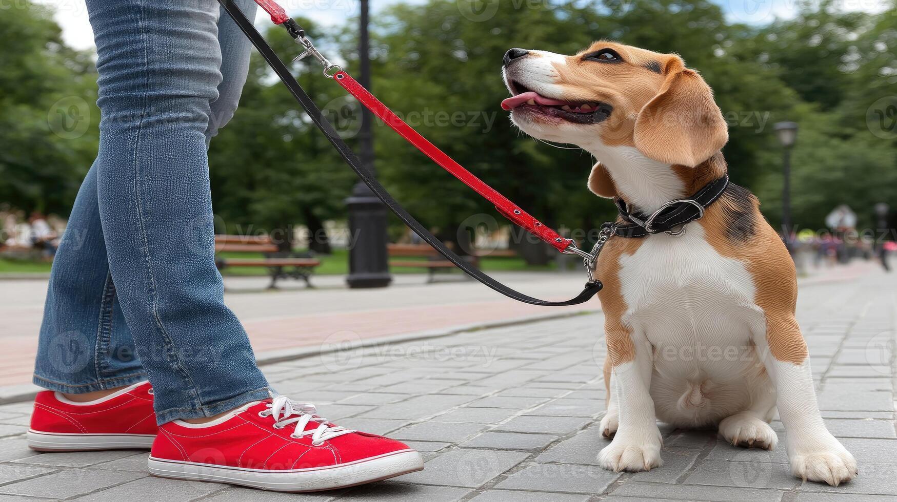 A beagle dog is being walked by a person photo