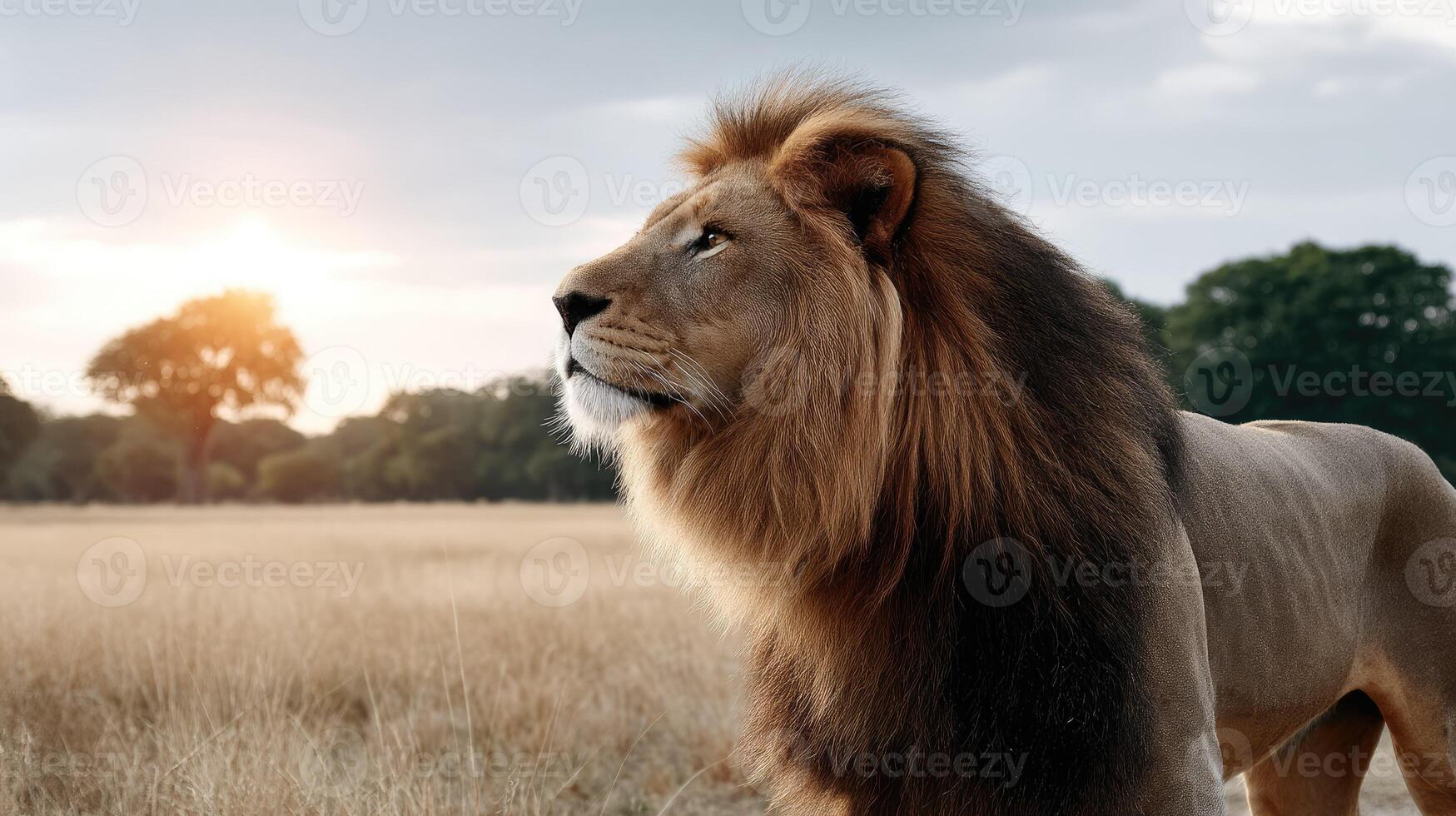 A lion standing in a field with the sun setting photo