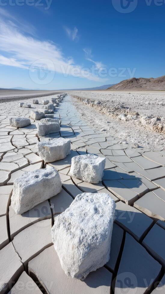 A large group of rocks in the middle of a salt flat photo