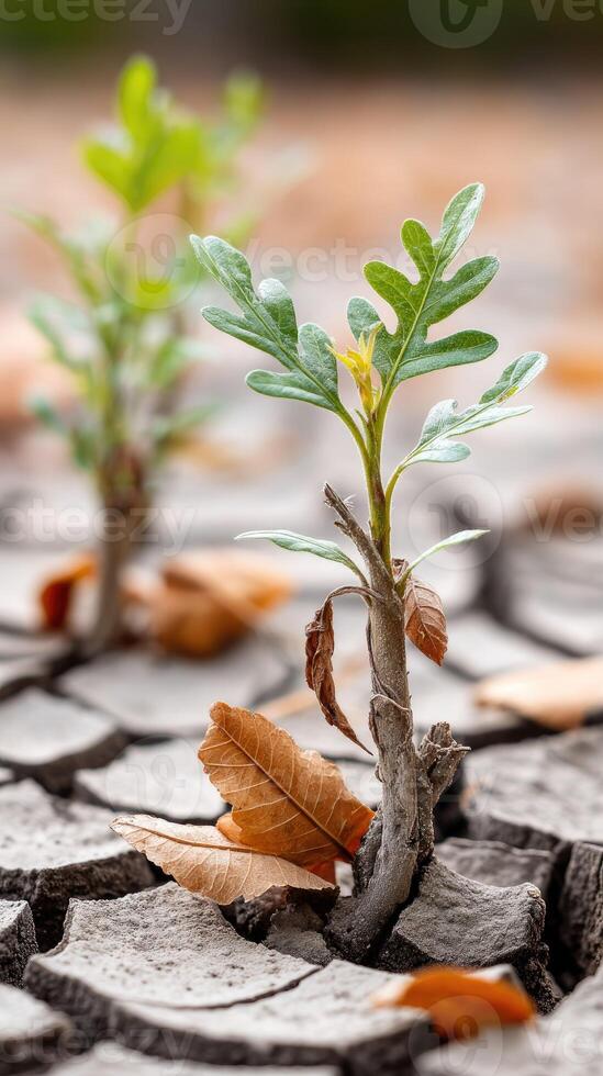 A small plant growing out of cracked ground photo