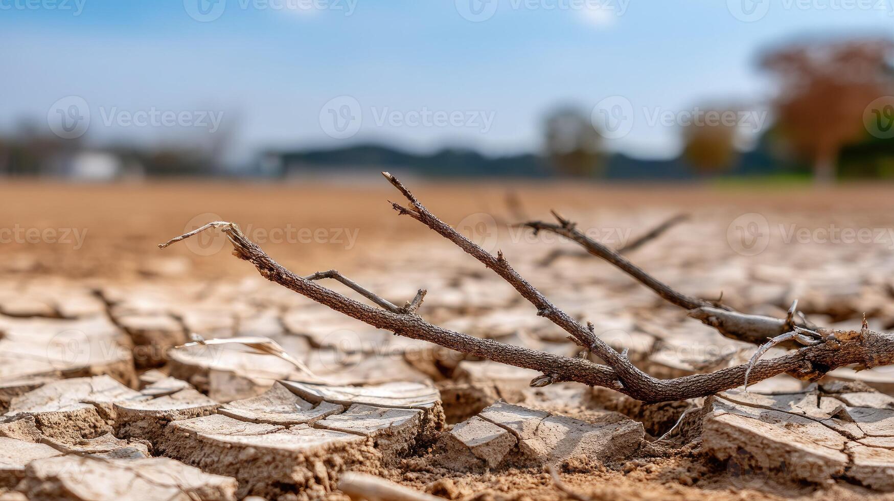 A dry field with dead trees and a blue sky photo