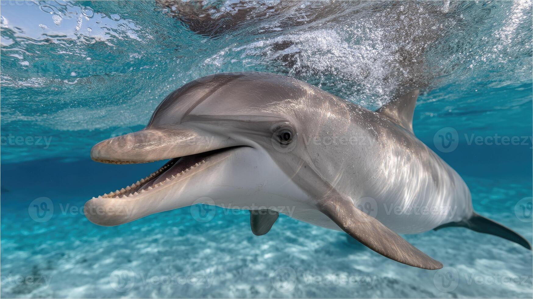 A dolphin is swimming in the ocean with its mouth open photo