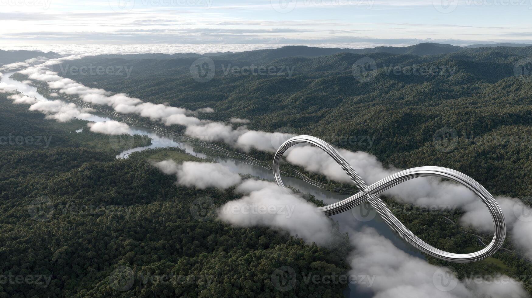 A large infinity symbol floating in the air over a river photo