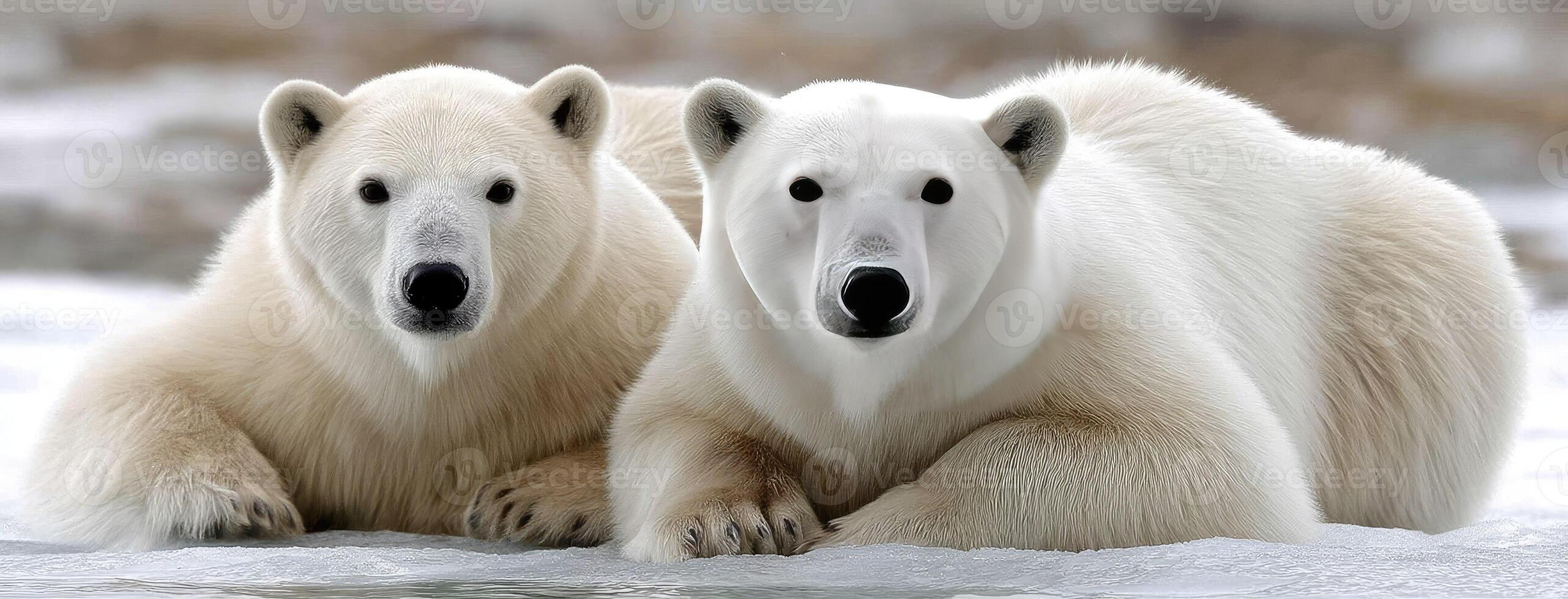 Two polar bears sitting on the ice in the snow photo