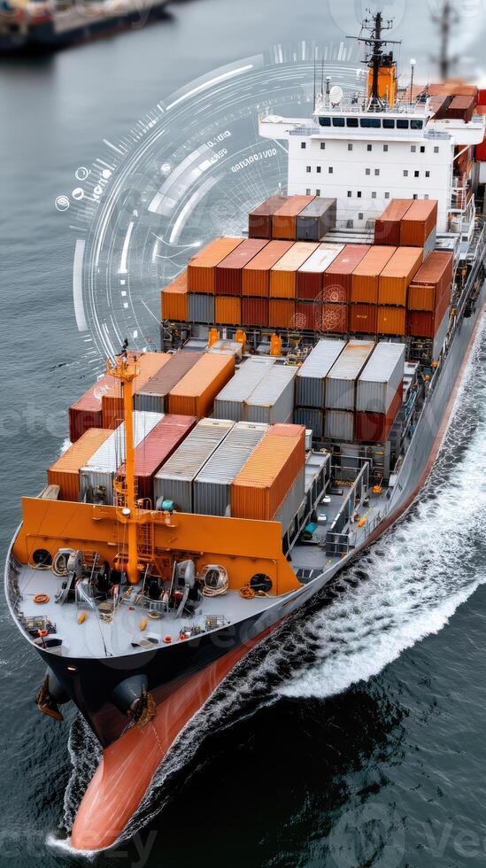 A large container ship is traveling through the water photo