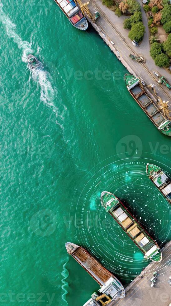 An aerial view of a harbor with boats and a dock photo