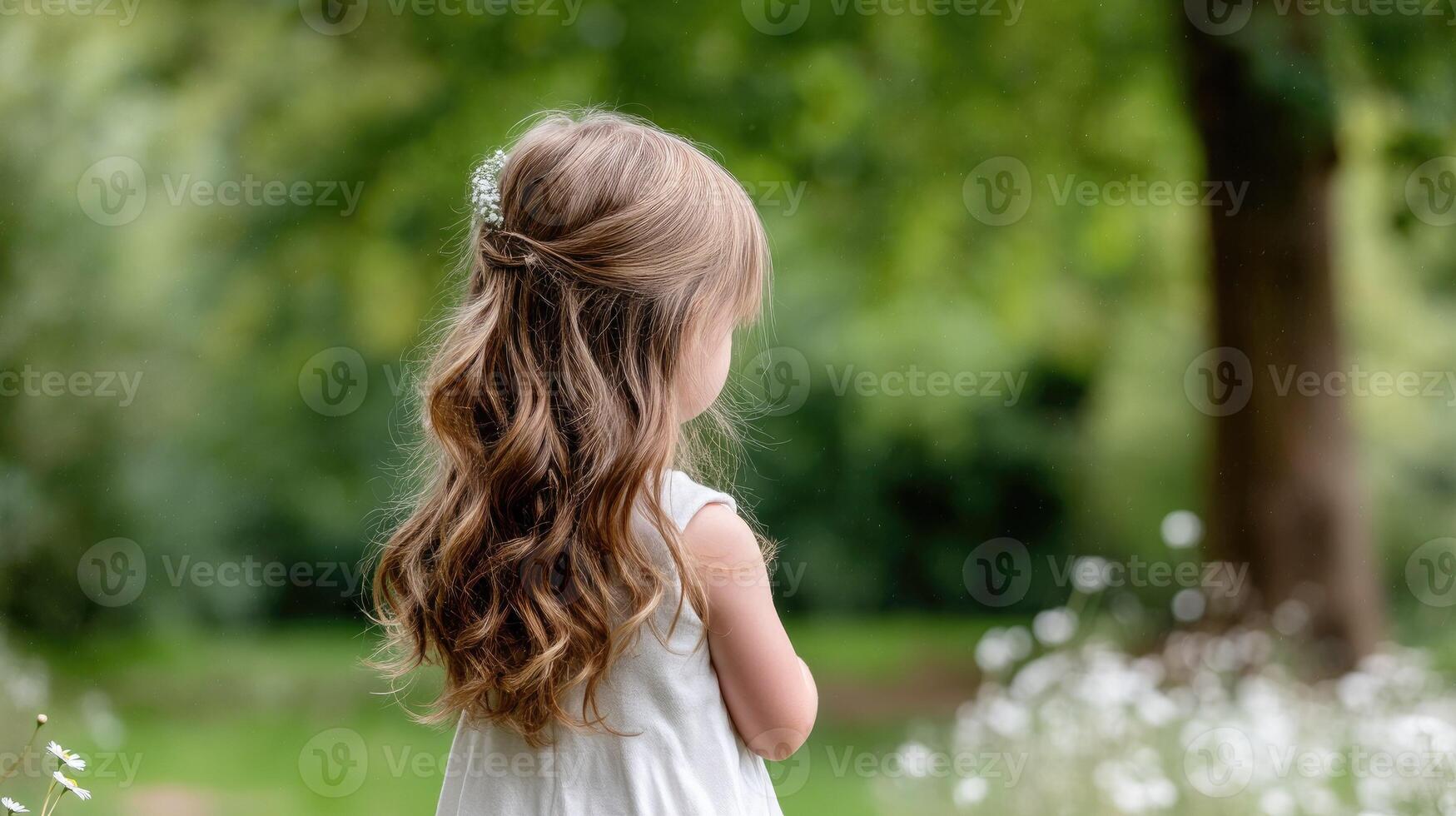 A little girl in a white dress standing in a field photo