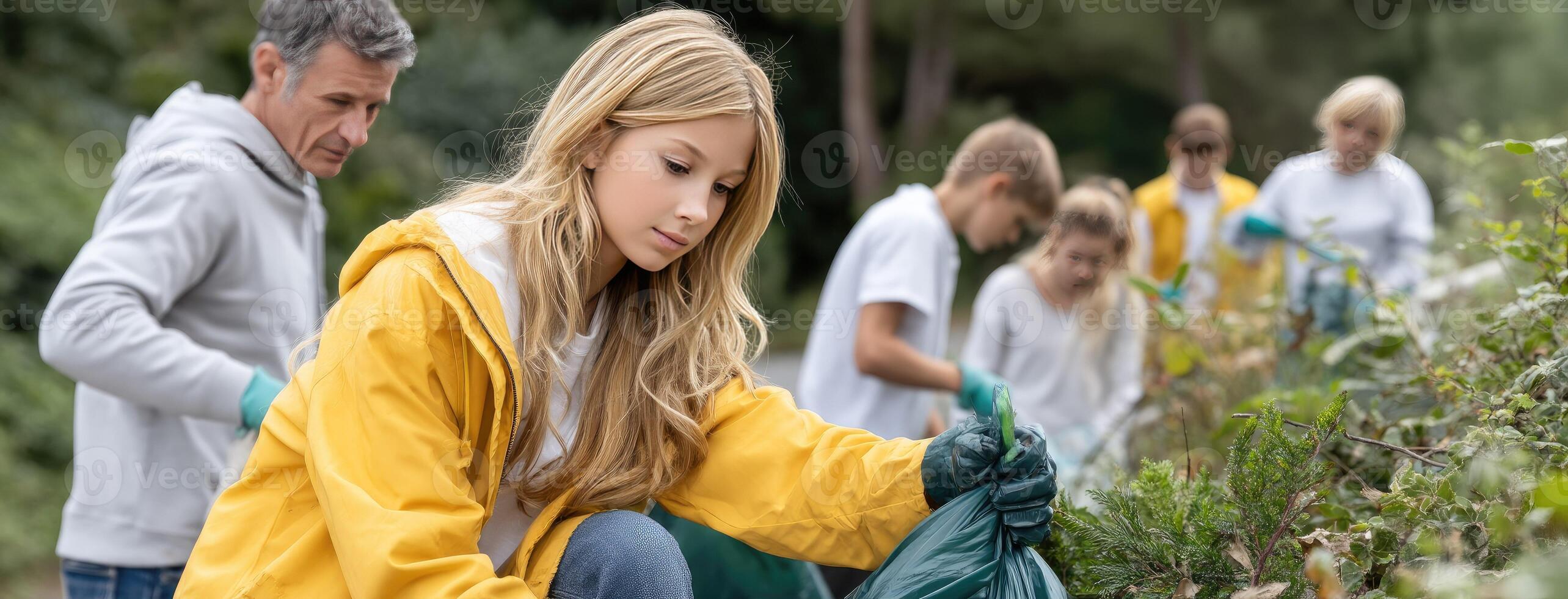 A group of people are picking up trash in the woods photo
