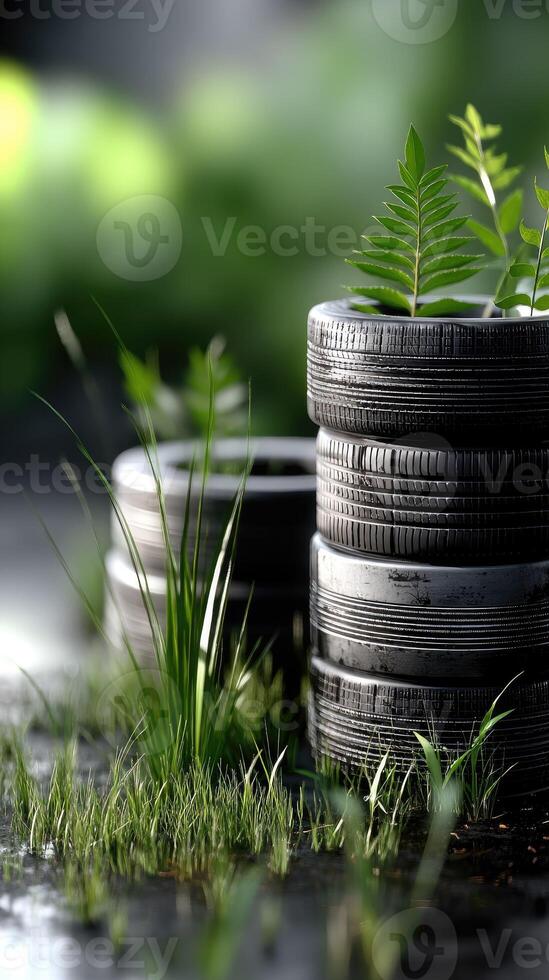A stack of tires with plants on top photo