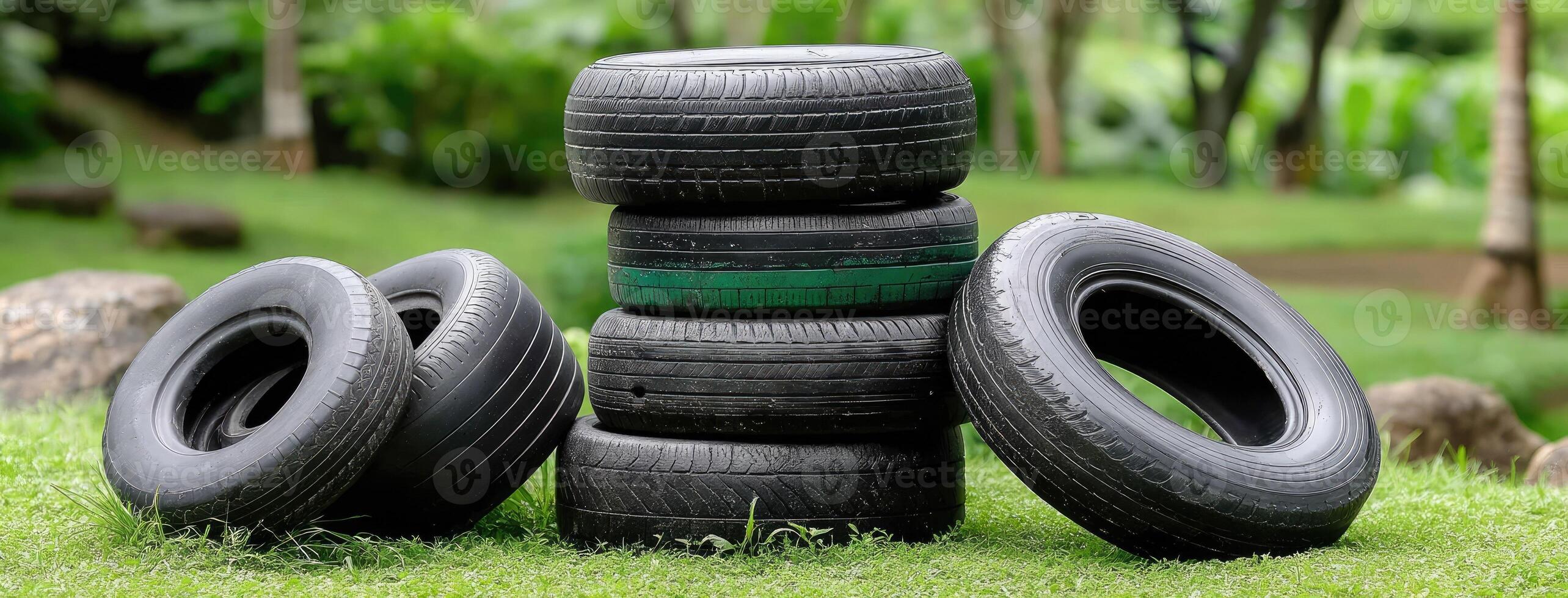 A pile of tires sitting on top of grass photo