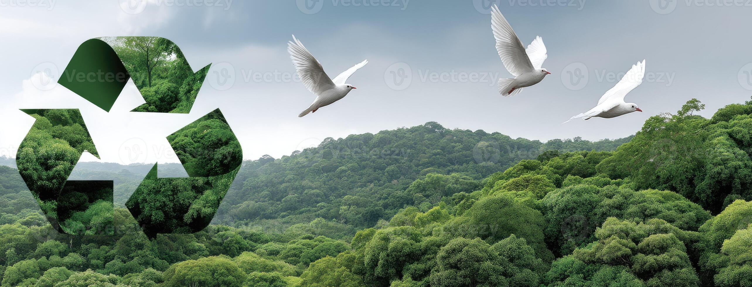 Recycle symbol with birds flying over green forest photo
