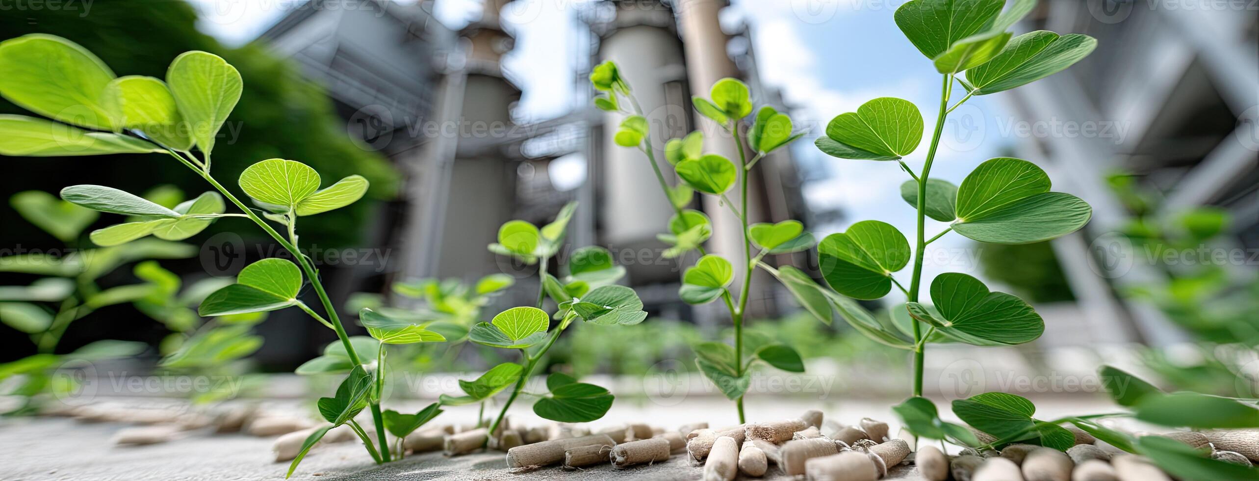 A group of plants growing in front of a factory photo