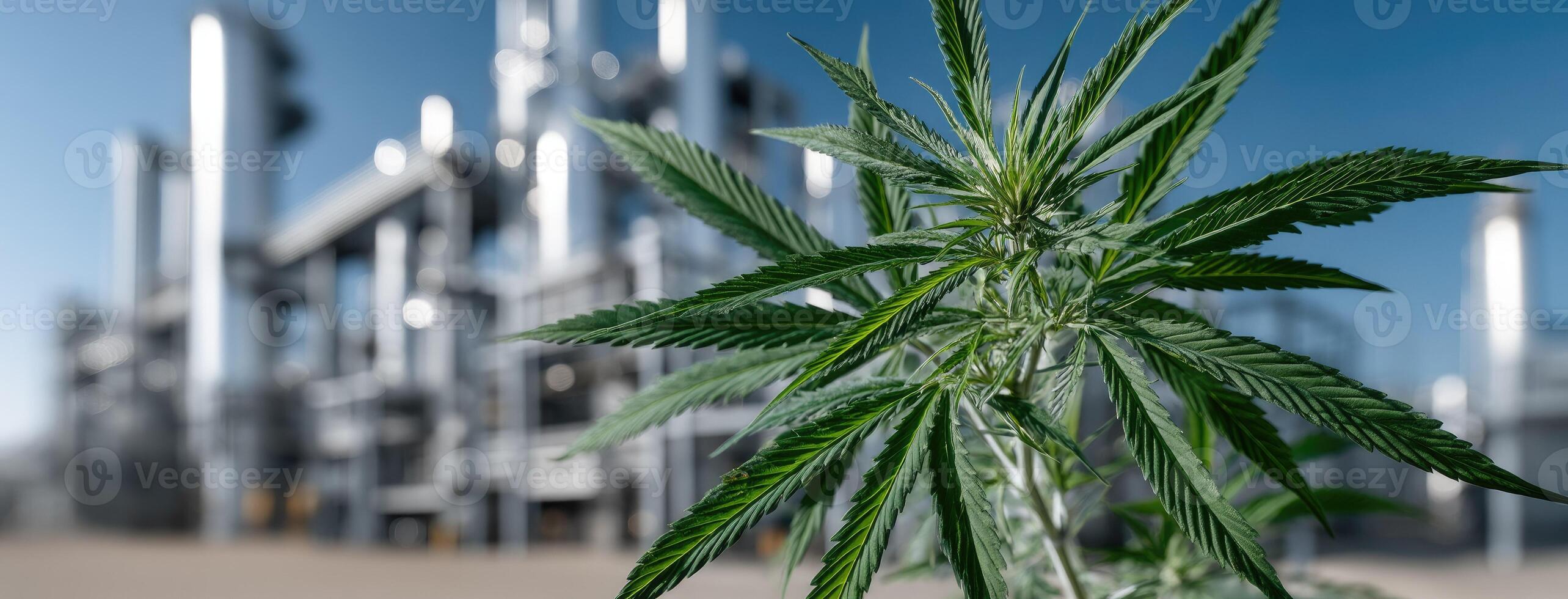 Marijuana plant in front of a large industrial plant photo