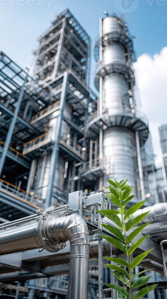 Industrial plant with green plant in front of blue sky photo
