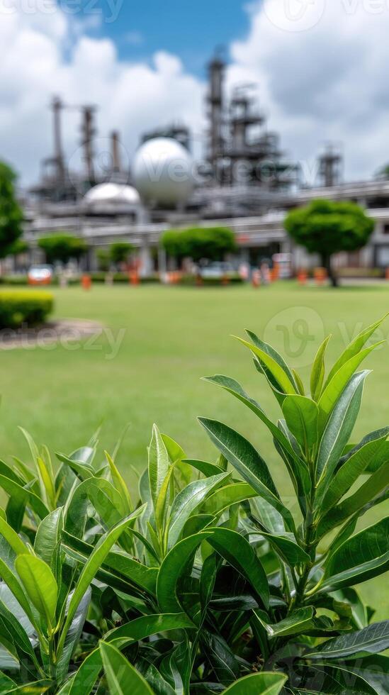 A green plant in front of a large industrial plant photo