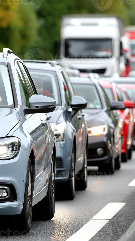 A line of cars on the road with traffic behind them photo