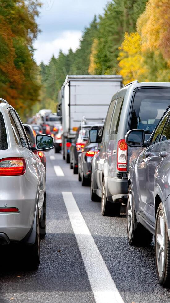 Many cars are driving on a busy road photo