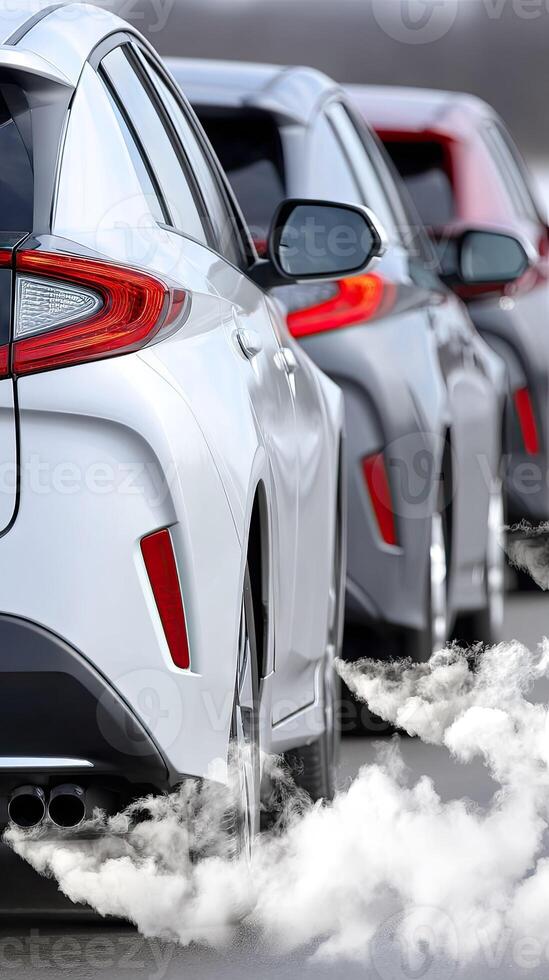 A row of cars with smoke coming out of them photo