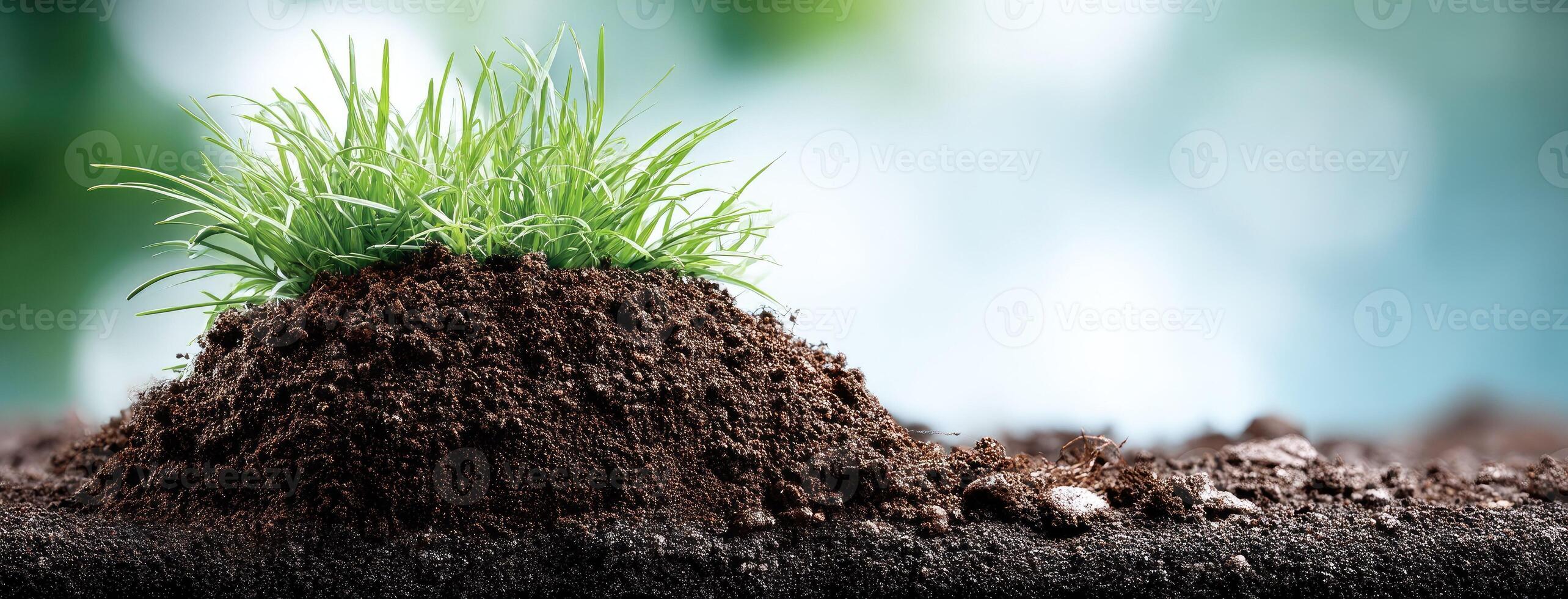 A close up of a dirt mound with grass growing out of it photo