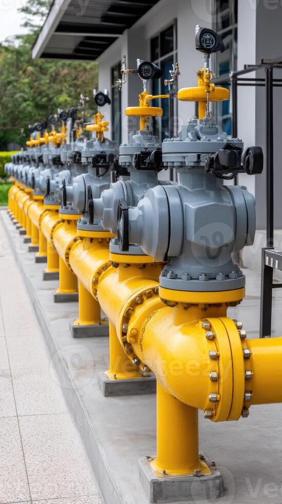 A row of yellow valves and pipes photo