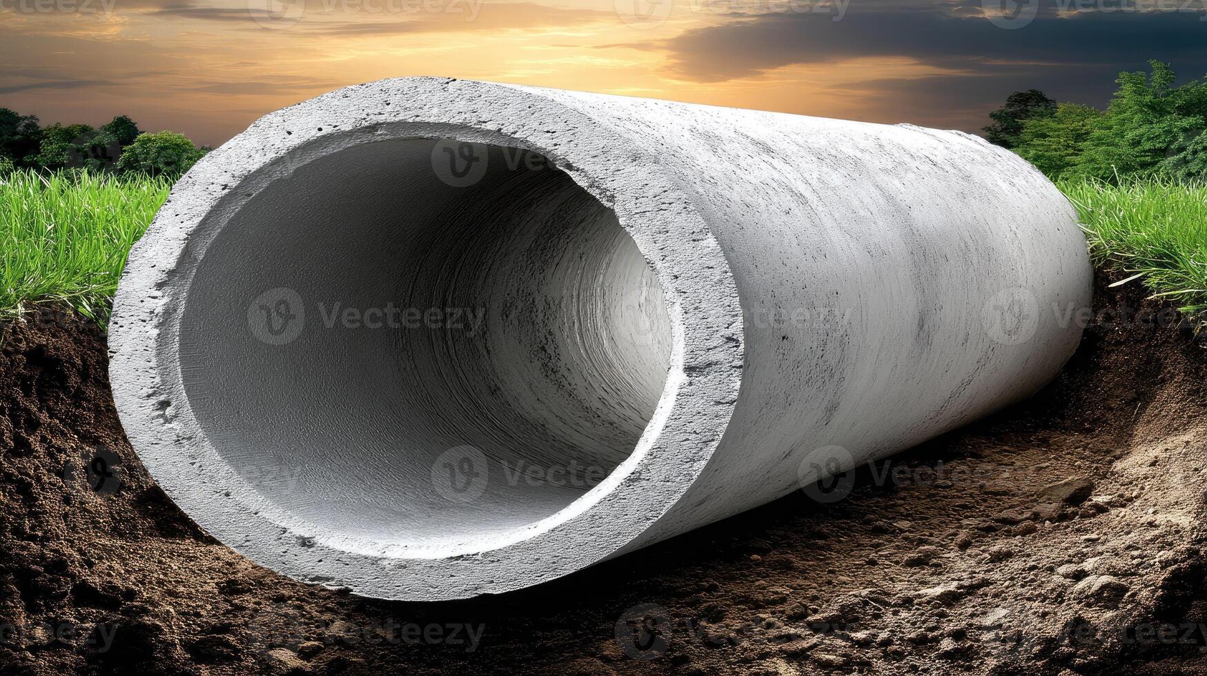 A large concrete pipe is sitting in the dirt photo
