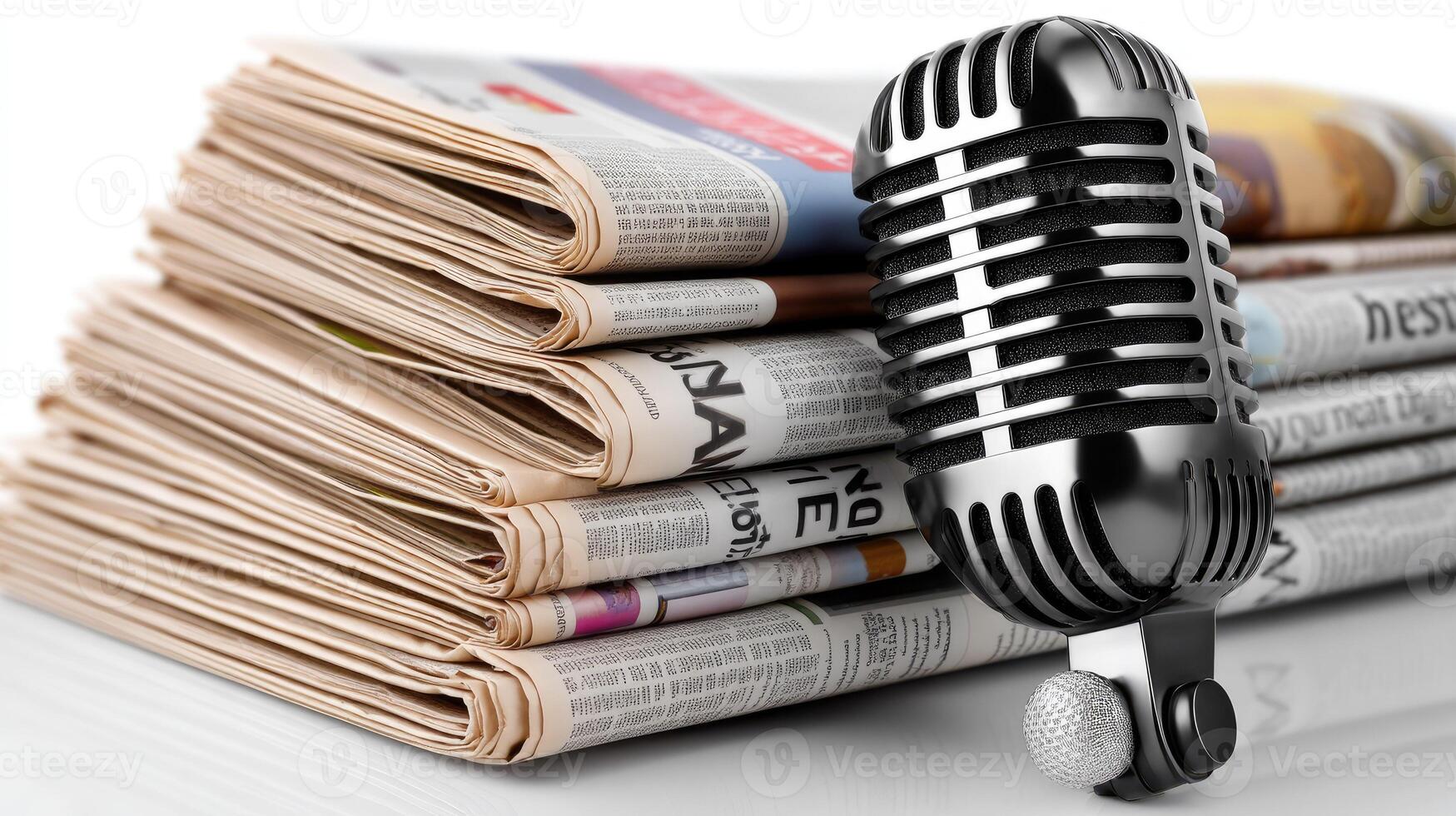 A microphone and newspaper on a white background photo