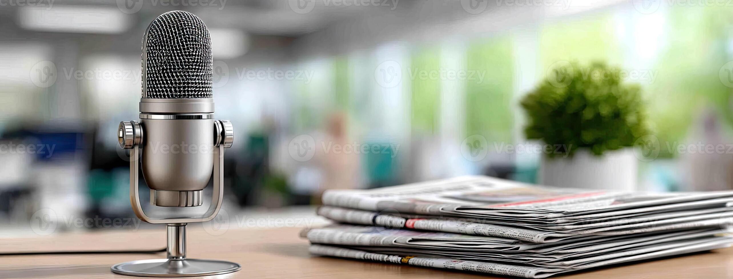 A microphone and newspaper on a table photo