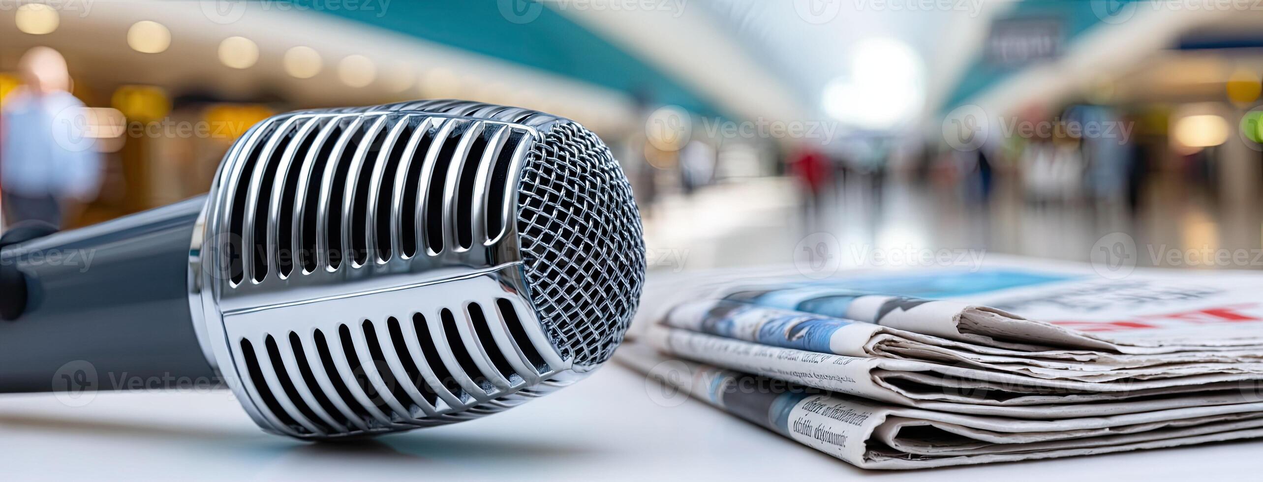 Microphone and newspaper on a table in an airport photo
