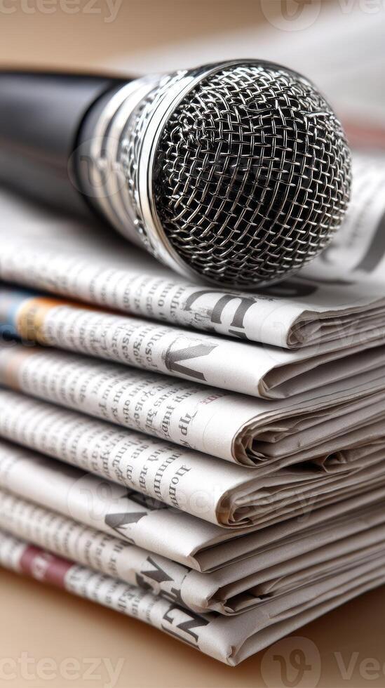 A microphone sits on top of a stack of newspapers photo