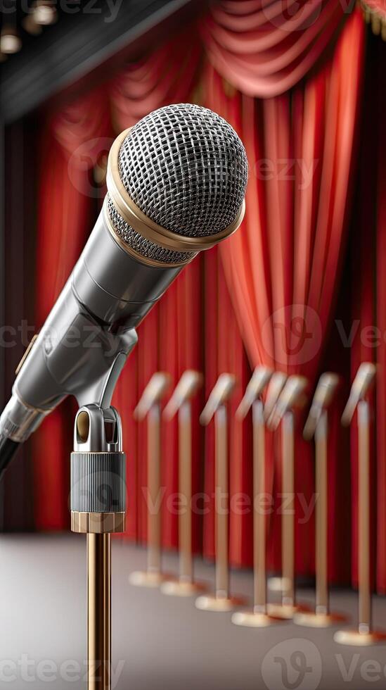 Microphone on stage with red curtain and stage photo