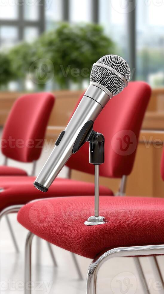 A microphone is sitting on a chair in front of red chairs photo