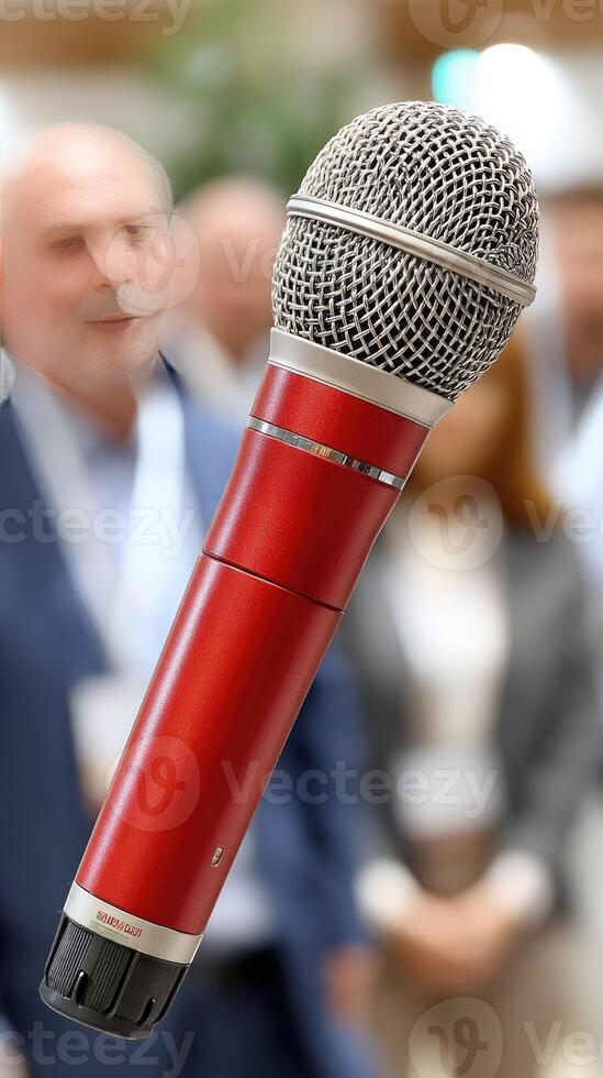 A microphone is in front of a group of people photo