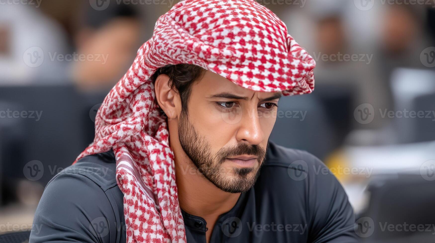 A man in a red and white scarf looking at a computer screen photo