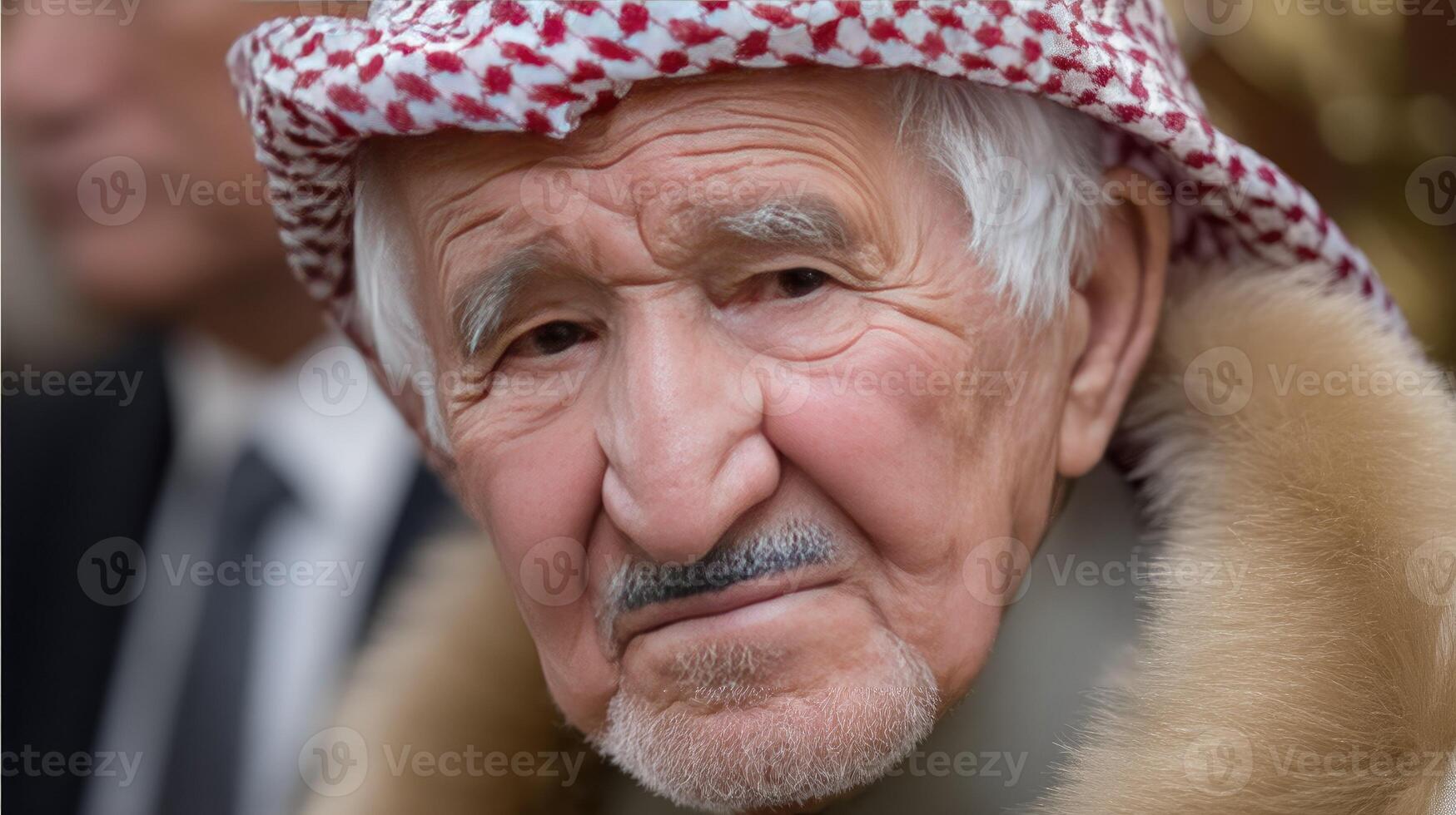 An old man wearing a red and white scarf photo