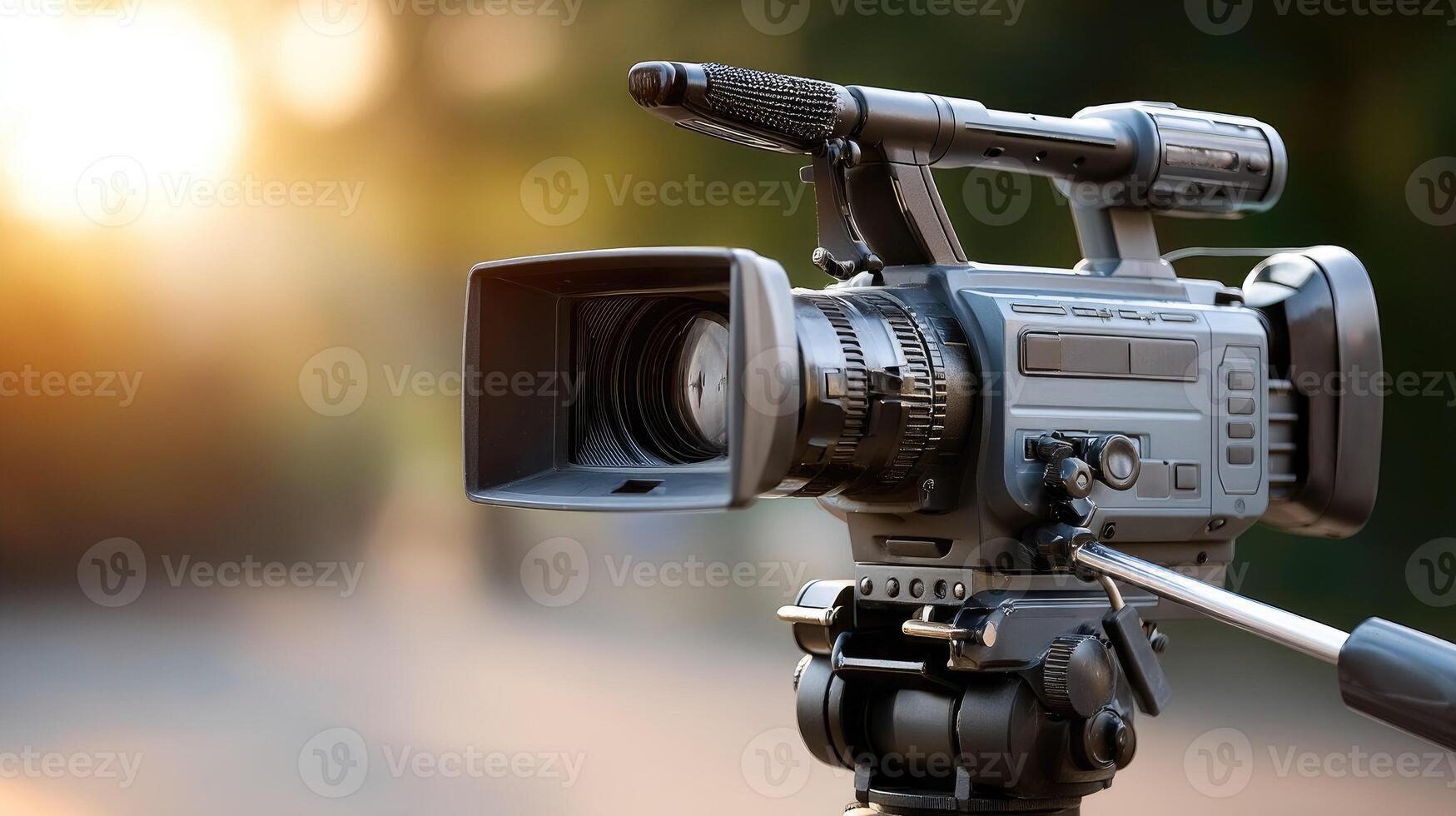 A camera is on a tripod in front of a blurred background photo