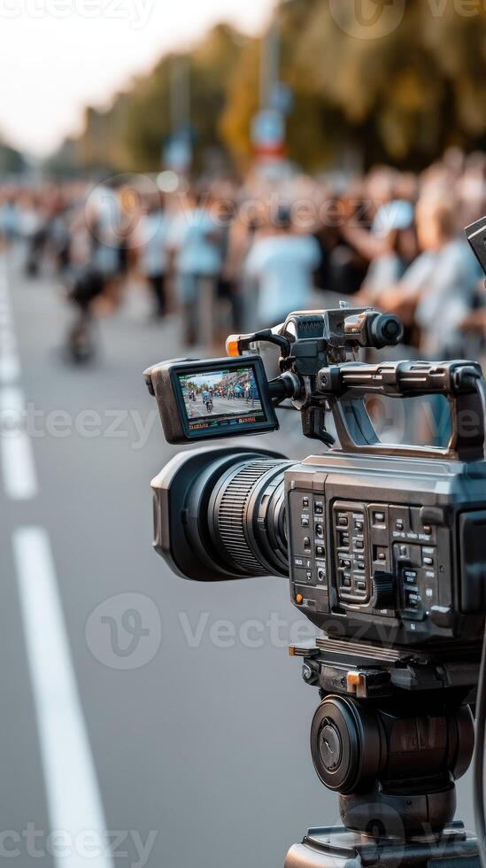 A camera is filming a crowd of people photo