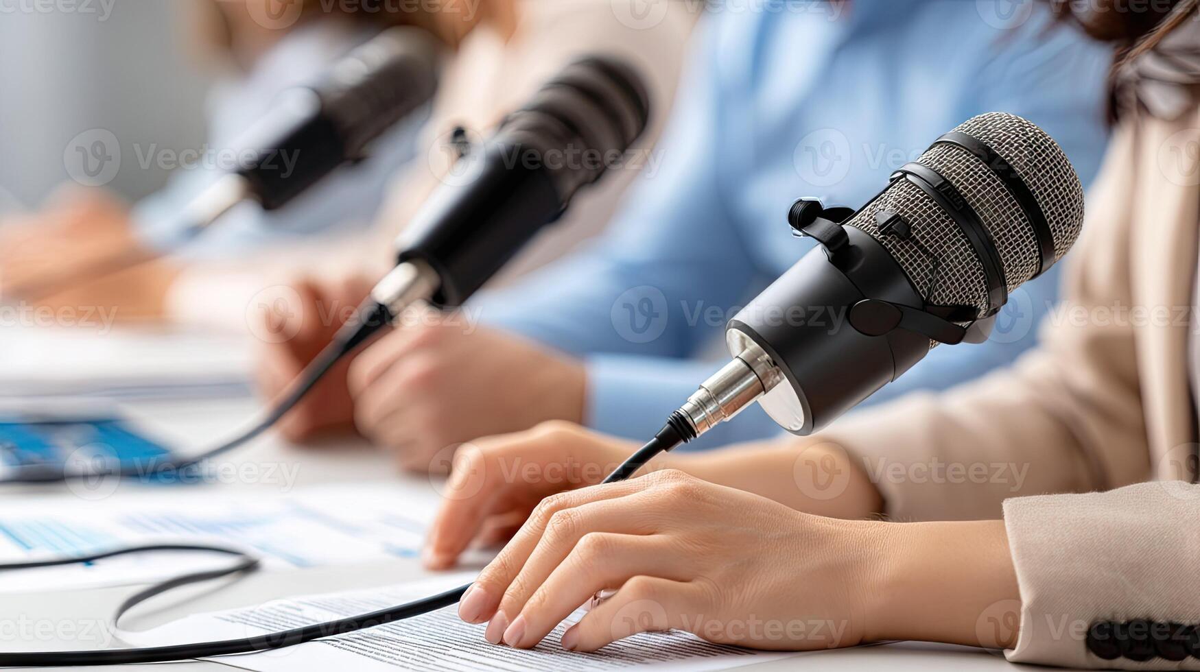 A group of people sitting at a table with microphones photo