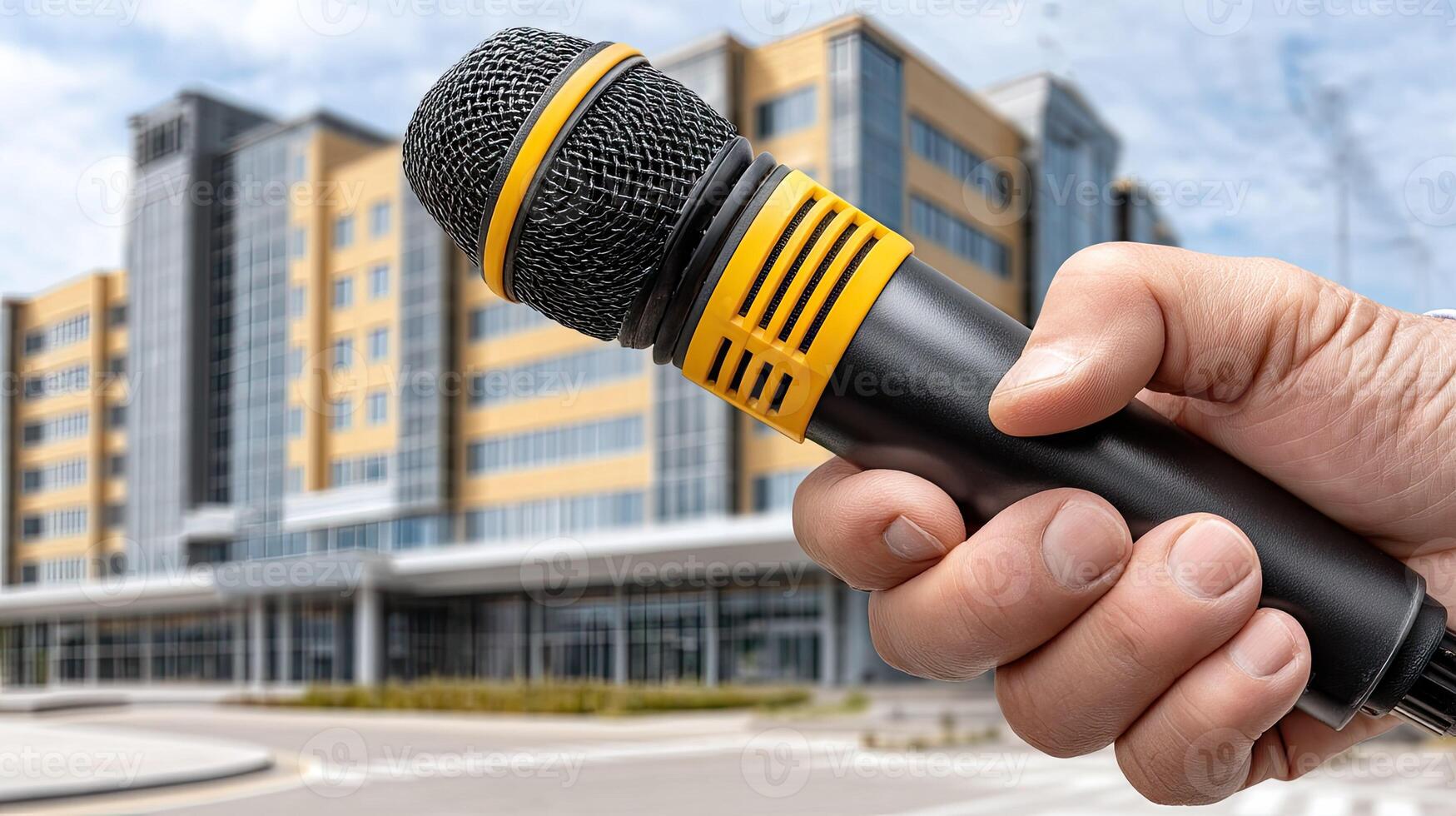 A person holding a microphone in front of a building photo